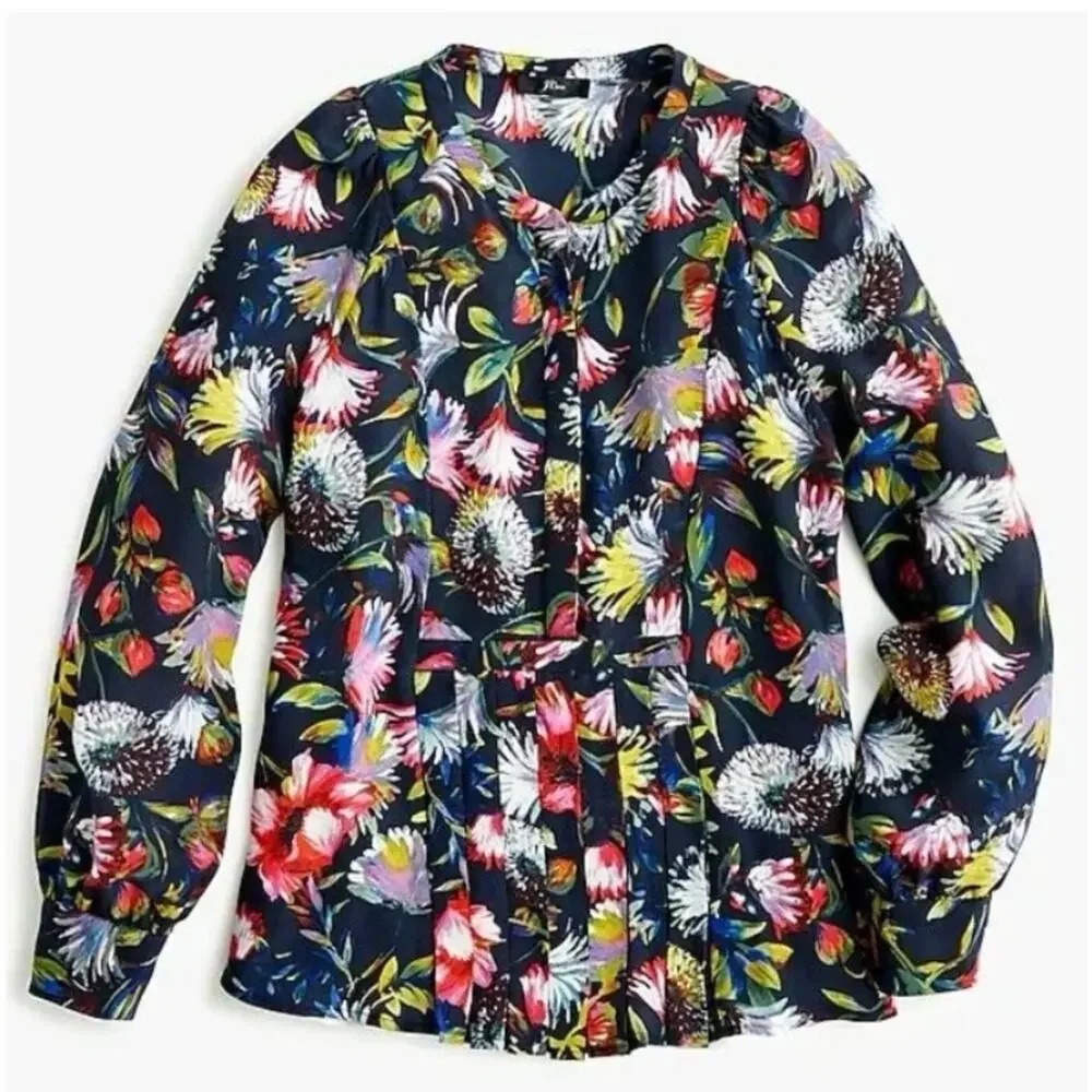 J. Crew Silk Floral Top Womens Medium Black Multicolor Peplum Popover Blouse